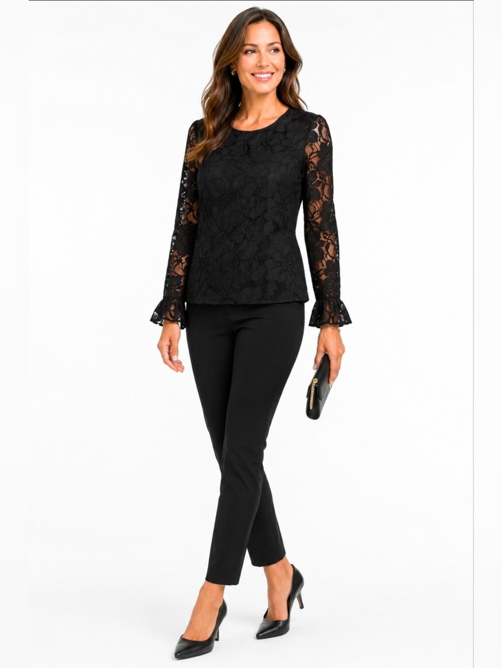 Anne Klein Black Floral Lace Overlay Blouse + Camisole Size S